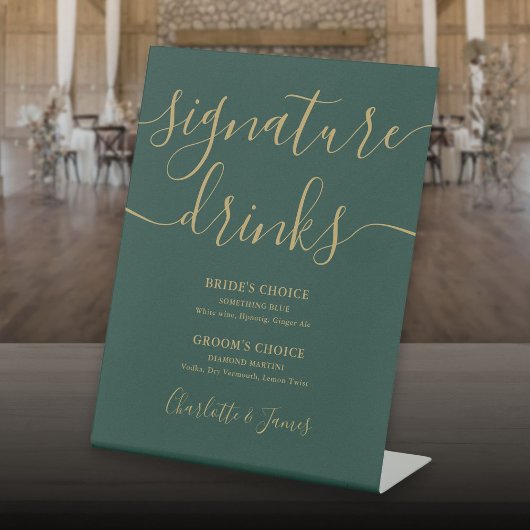 Signe De Table Boissons de signature de mariage à script or vert