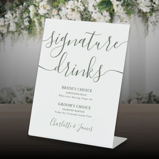 Signe De Table Boissons de signature de mariage de script vert ol