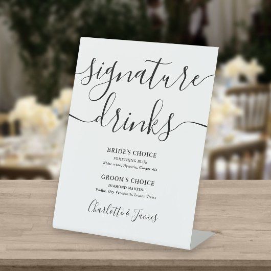 Signe De Table Boissons de signature de mariage script noir et bl