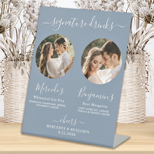 Signe De Table Boissons Signature Photo personnalisée Bleu Poussi