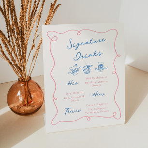 Signe De Table Boissons Signature Rose et Bleu Dessinées à la Mai