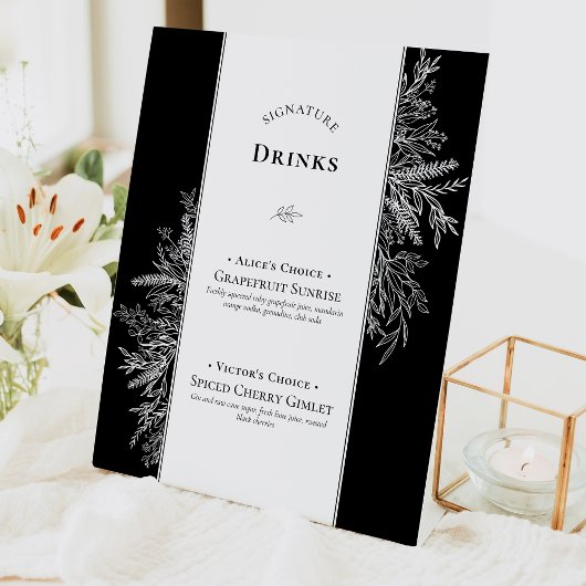 Signe De Table Boissons signées Mariage Black and White Greenery