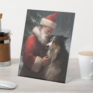 Signe De Table Border Collie avec le Père Noël Noël Festif