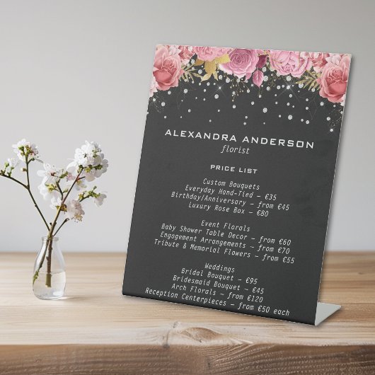 Signe De Table Botanical Pink Flowers Diamond Glitter Black Salon