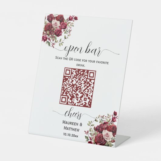 Signe De Table Bourgogne Floral Moderne QR Code Mariage Open Bar (Recto)