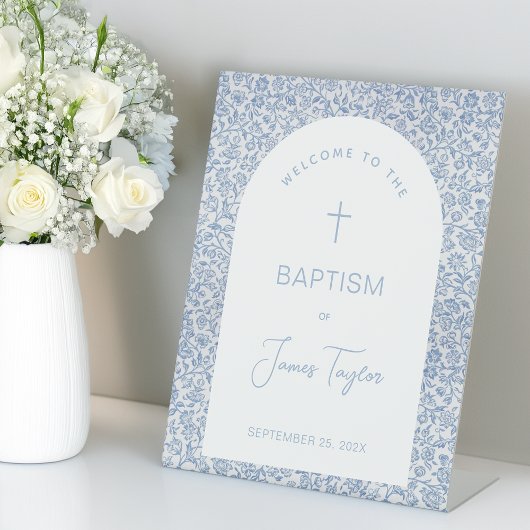 Signe De Table Boy Baptism Welcome Blue White Arch Floral Pattern