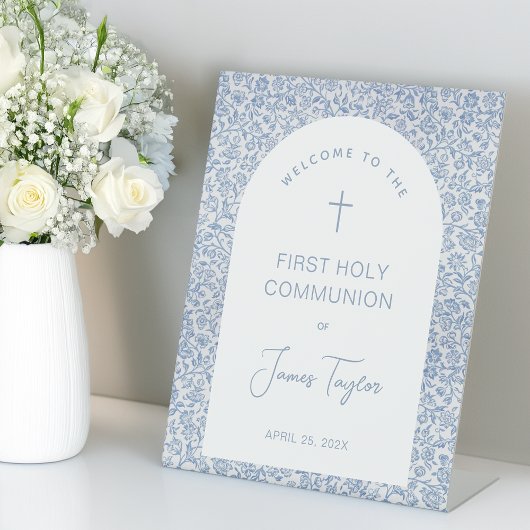 Signe De Table Boy First Communion Blue White Arch Floral Welcome