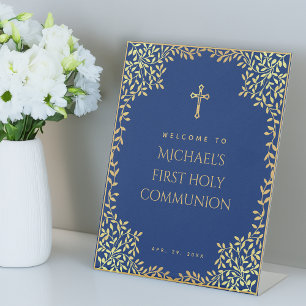 Signe De Table Boy First Communion Faux Gold Feuilles Royal Blue