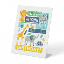 Bright Zoo Jungle Animals Birthday Pedestal Sign