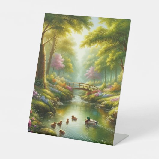 Signe De Table Brook de printemps avec canards/fleurs (Recto)