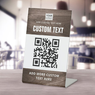 Signe De Table Brown grain de bois look personnalisé logo QR code