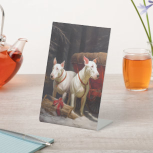 Signe De Table Bull Terrier enneigé Traîneau Décoration de Noël