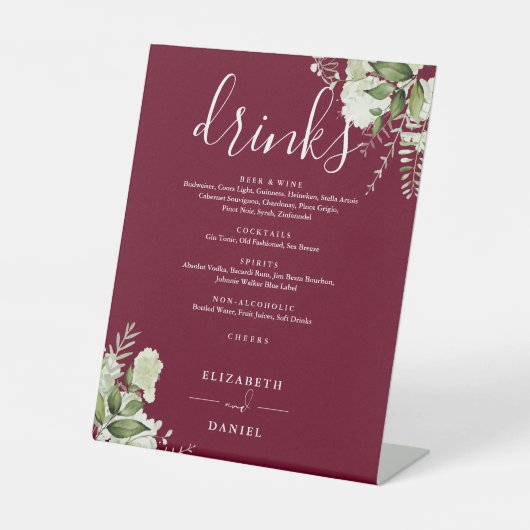 Signe De Table Burgundy Floral Greenery Mariage Boissons Menu (Recto)