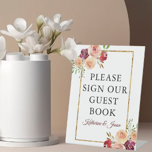 Signe De Table Burgundy Gold Floral Automne Mariage Livre d'hôtes