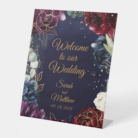 Signe De Table Burgundy Navy Bienvenue À Notre Mariage (Recto)