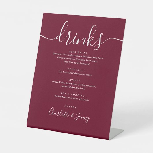 Signe De Table Burgundy Signature Script Mariage Boissons Menu (Recto)