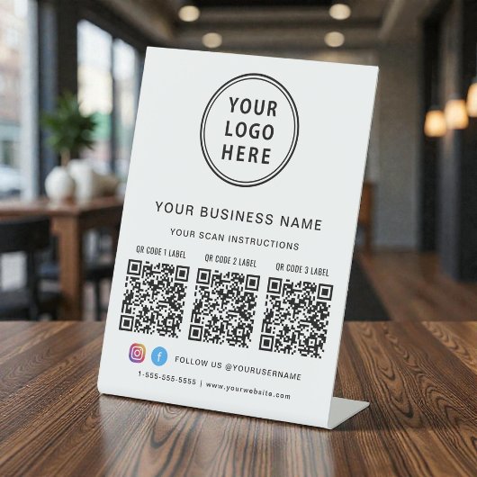 Signe De Table Business Logo 3 QR Codes Social Media