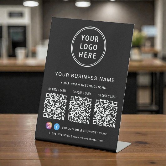 Signe De Table Business Logo 3 QR Codes Social Media Black