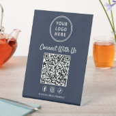 Signe De Table Business Logo QR Code Blue Tabletop (In SItu)