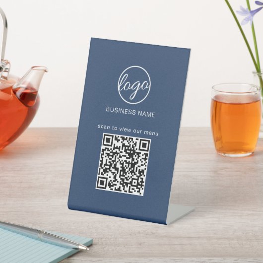 Signe De Table Business Logo QR Code Restuarant Menu Navy Blue (In SItu)