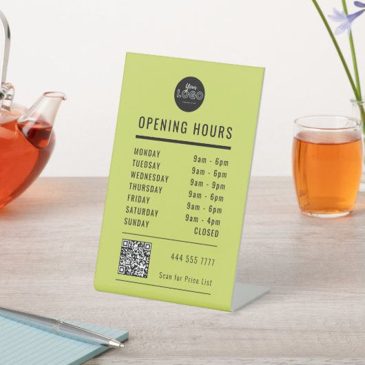 Signe De Table Business Open Hours Black Olive Green Logo QR Code (In SItu)