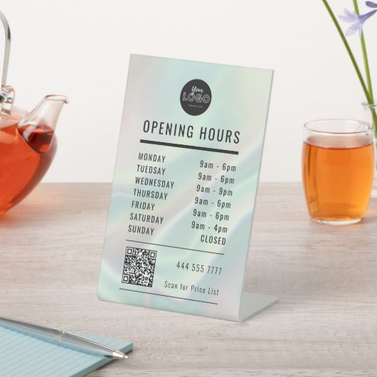 Signe De Table Business Open Hours Green Holographic Logo QR Code (In SItu)