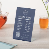 Signe De Table Business Opening Hours Logo QR Code on Navy Blue (In SItu)