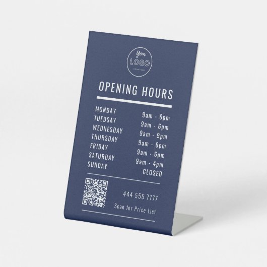 Signe De Table Business Opening Hours Logo QR Code on Navy Blue (Recto)