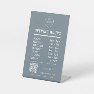 Signe De Table Business Opening Hours on Blue with Logo QR Code