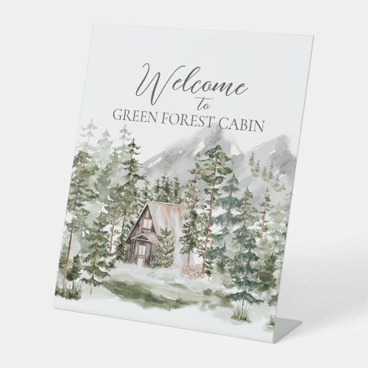 Signe De Table Cabine d'aquarelle dans la forêt de pins verts (Recto)