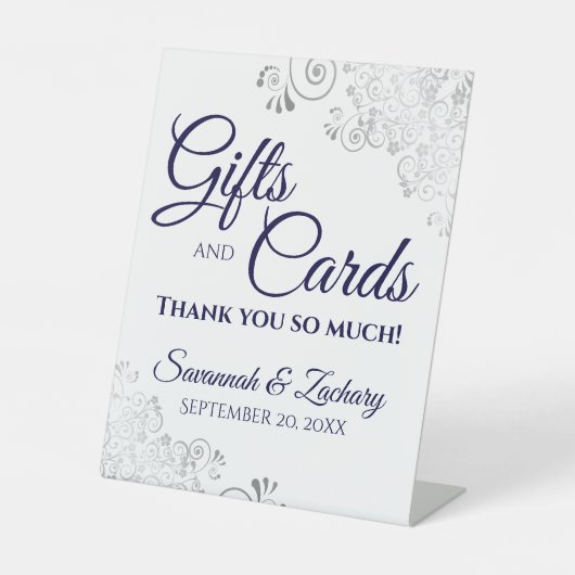 Signe De Table Cadeaux et cartes de mariage Lacy Silver Navy sur (Recto)