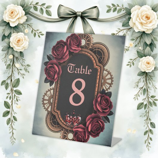 Signe De Table Cadre Steampunk avec Roses rouges et Engrenages