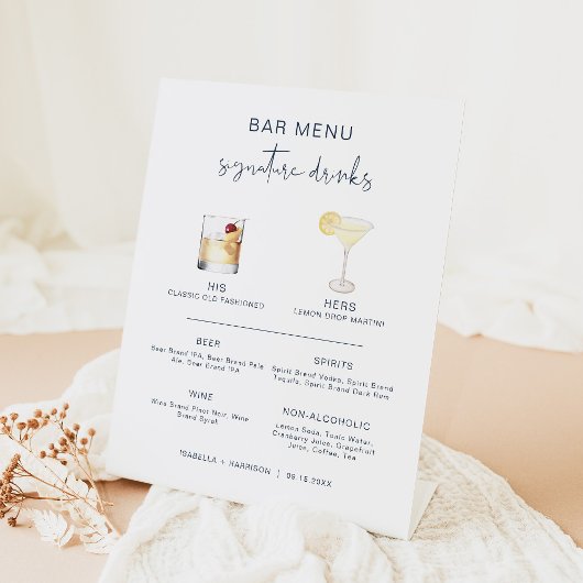 Signe De Table CAITLIN Navy Cocktail Signature Bar à boisson Menu