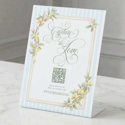 Signe De Table Capturez le code QR du mariage Coastal Lemon Love