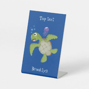 Signe De Table Caricature joyeuse de tortue de mer verte mignonne