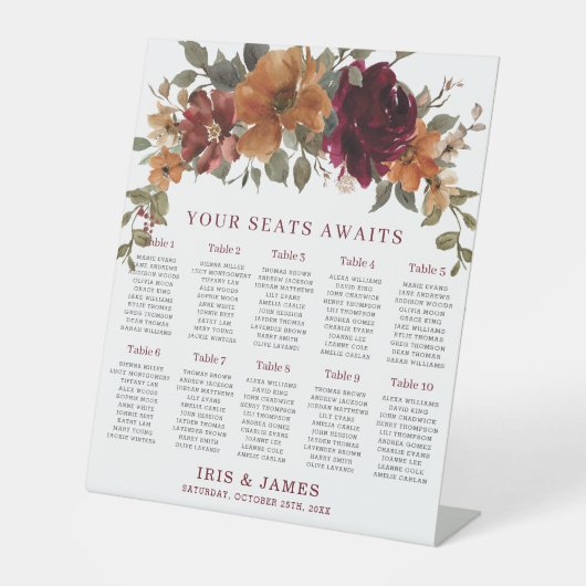 Signe De Table Carte de siège Mariage Floral Bourgogne (Recto)