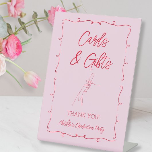 Signe De Table Cartes et cadeaux de graduation rose et rouge dess