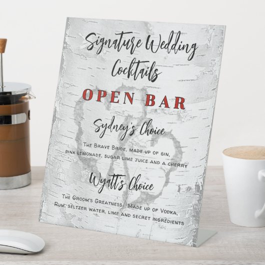 Signe De Table Carved Hearts Birch Wedding Bar Signature Drinks (In SItu)