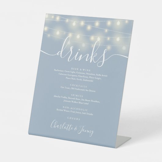 Signe De Table Chaîne Lights Dusty Blue Mariage Boissons Menu (Recto)