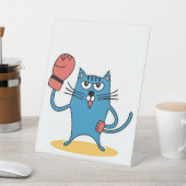 Signe De Table Chat avec gants de boxe (In SItu)