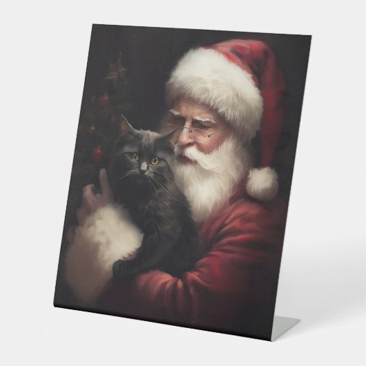 Signe De Table Chat noir avec Noël Festif du Père Noël (Recto)