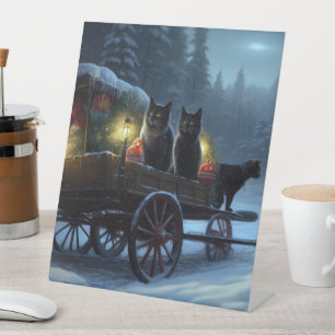 Signe De Table Chat noir Snowy Sleigh Ride Décor de Noël