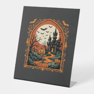 Signe De Table Château Hanté Halloween Citrouille Lune Vector Art