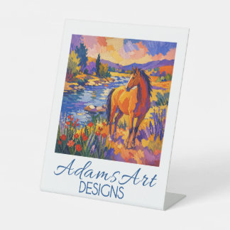 Signe De Table Cheval vibrant au bord de la rivière dans un paysa