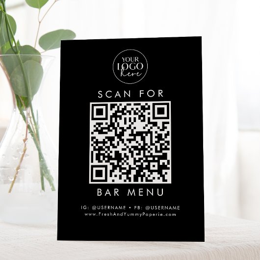 Signe De Table Chic Black Business Logo Bar Menu QR Code