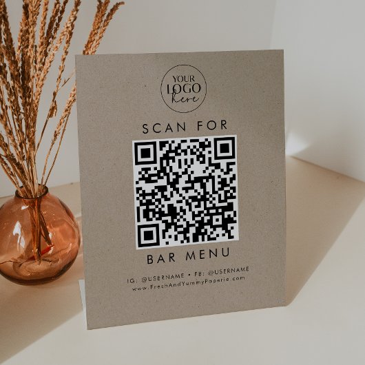 Signe De Table Chic Faux Kraft Business Logo Bar Menu QR Code