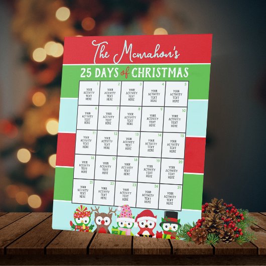 Signe De Table Chouettes de vacances 25 Jours d'activité de Noël