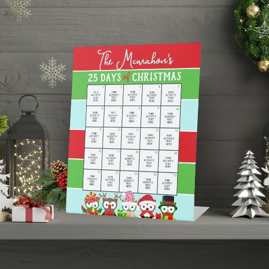 Signe De Table Chouettes de vacances 25 Jours d'activité de Noël