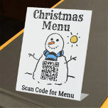 Signe De Table Christmas Menu Snowman with QR Code Pedestal Sign<br><div class="desc">Christmas QR Code Menu Sign. Image is a Snowman with QR Code</div>