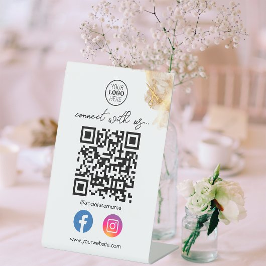 Signe De Table Ciseaux d'Or Code QR Nous Joindre Réseaux Sociaux